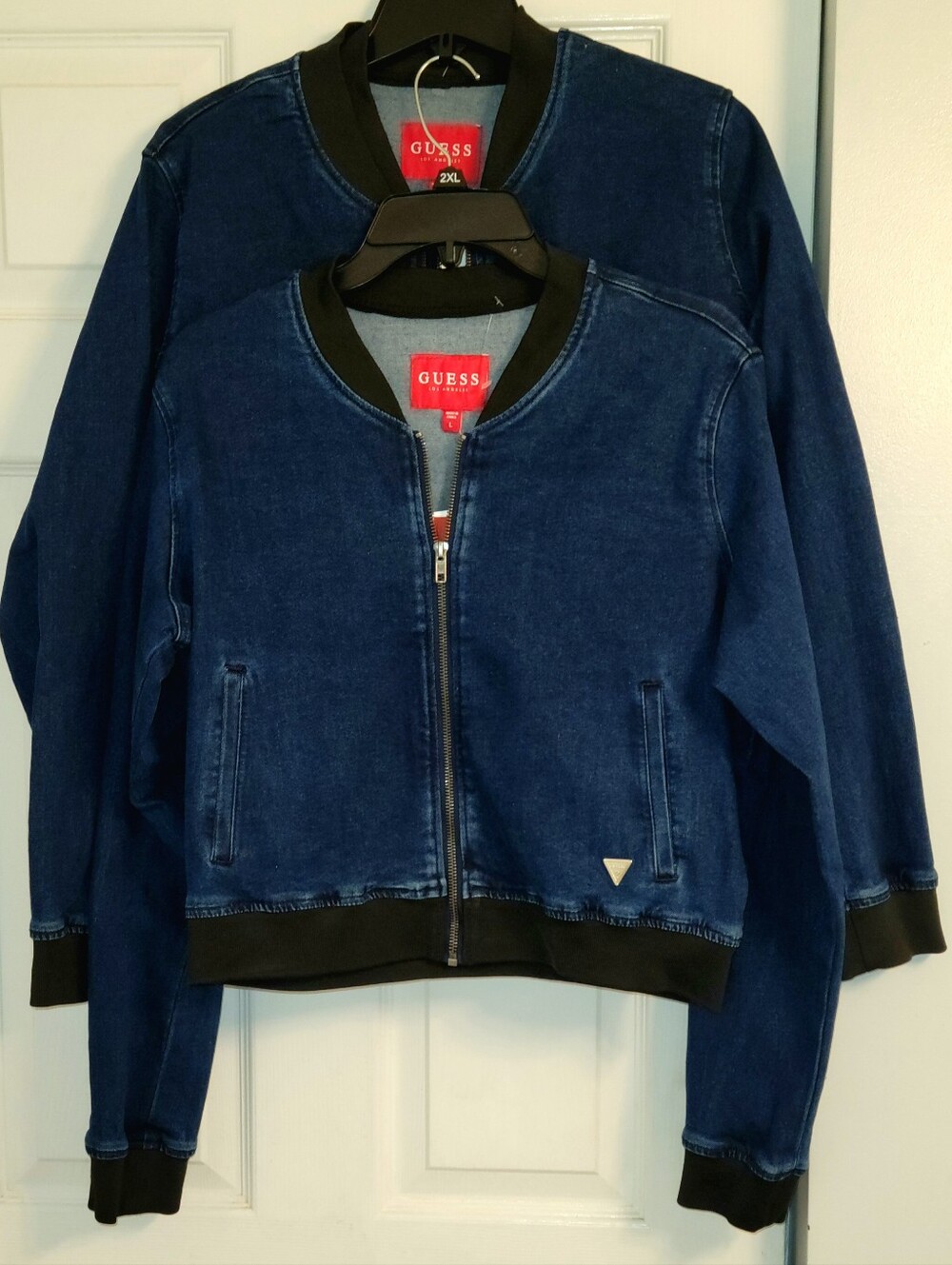 GUESS Navy Blue Women's Denim Bomber Jacket with Black Trim